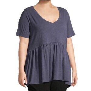 Terra & Sky Blue Top Size 2X V-Neck Flowy Fit Flare Stretch Blouse